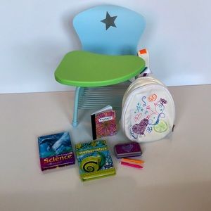AMERICAN GIRL RETIRED DESK, Backpack, and school supplies.